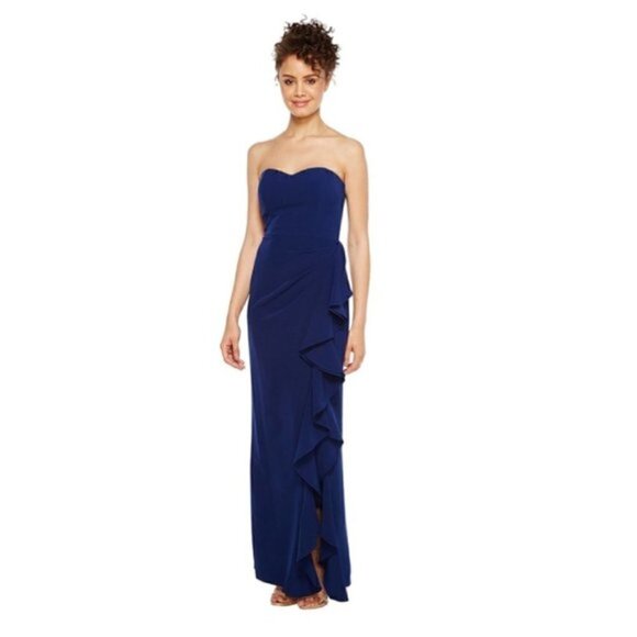 Aidan Mattox Dress 10 NWT Maxi Strapless Flounce Ruffles Crepe Slit - Picture 1 of 10